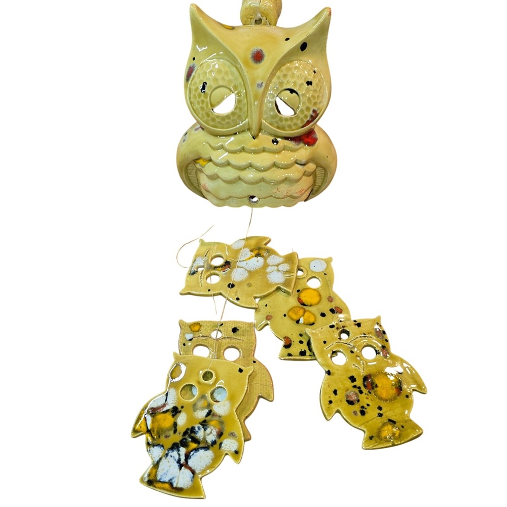 Vintage Yellow Owl Windchime Ceramic Hand Painted, Probably Handmade